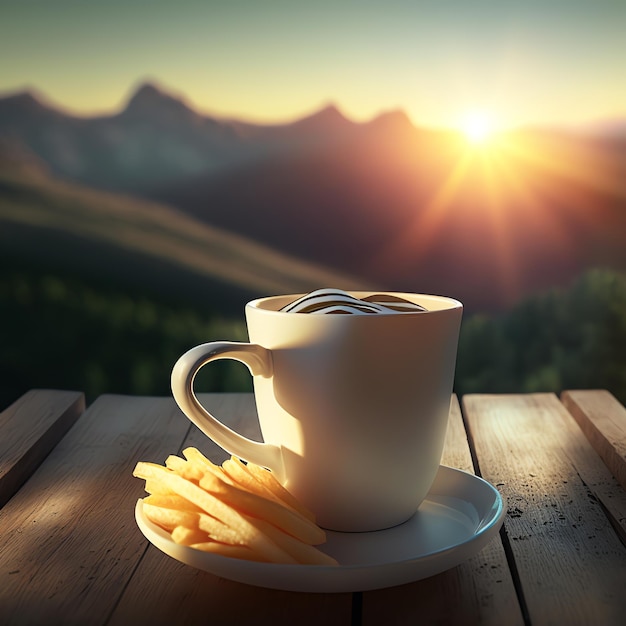 Xícara de café e fundo dinâmico dos feijões das batatas fritas