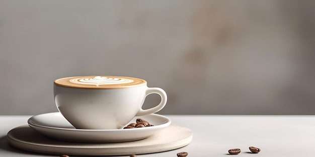 Xícara de café e grãos de café em fundo cinza com espaço de cópia Conteúdo generativo de IA