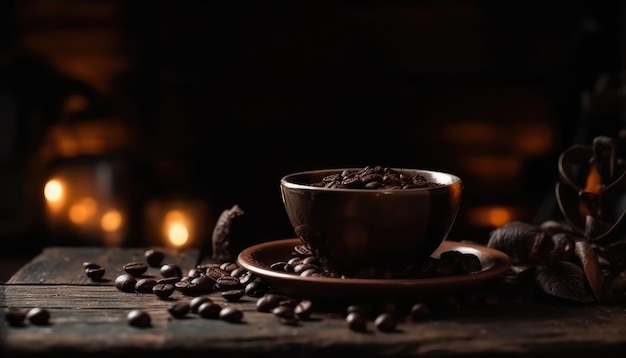 Xícara de café e grãos de café na velha mesa de madeira e fundo preto grunge Generative AI
