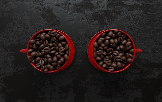 Xícara de café e grãos de café realistas plano de fundo de renderização 3D