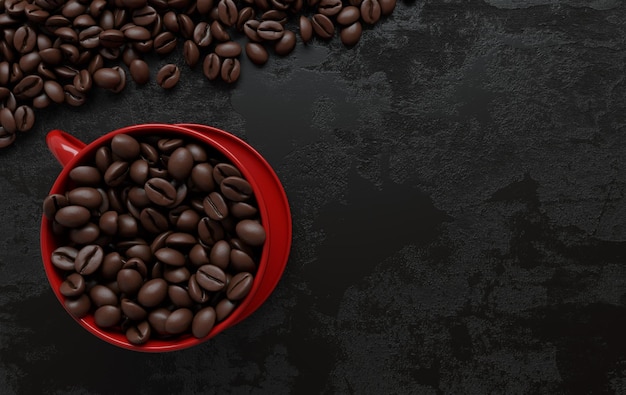 Xícara de café e grãos de café realistas plano de fundo de renderização 3D