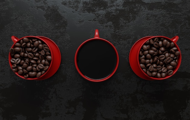 Xícara de café e grãos de café realistas renderização plana