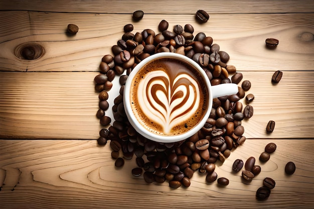 Xícara de café e grãos de café sobre fundo de madeira