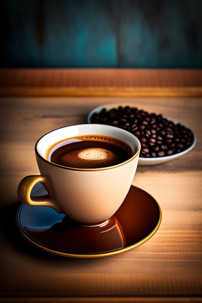 Xícara de café e pires com grãos de café em uma mesa de madeira.