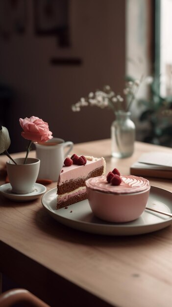 Xícara de café e uma fatia de bolo rosa em uma pequena mesa de madeira Imagem generativa de IA