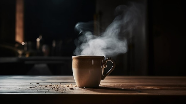 Xícara de café e vapor em uma mesa de madeira com fundo escuro