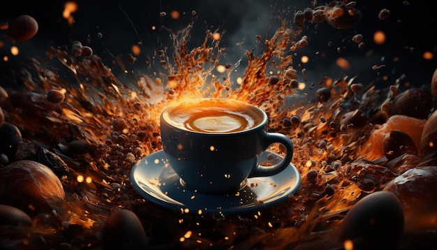 Xícara de café em fundo de fogo Mídia mista Mídia mista