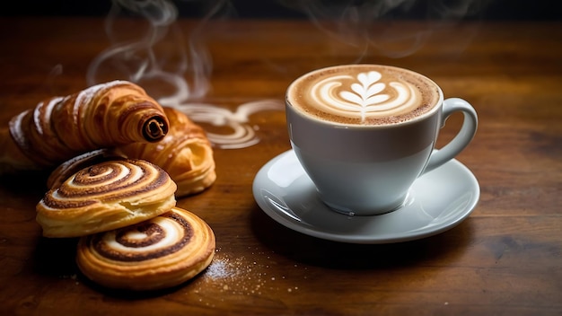 xícara de café em mesa de madeira em uma cafeteria foto de estoque