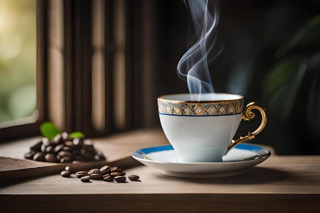 xícara de café em um castelo francês apresentação de marca de café elegante