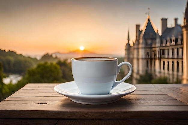 xícara de café em um castelo francês apresentação de marca de café elegante