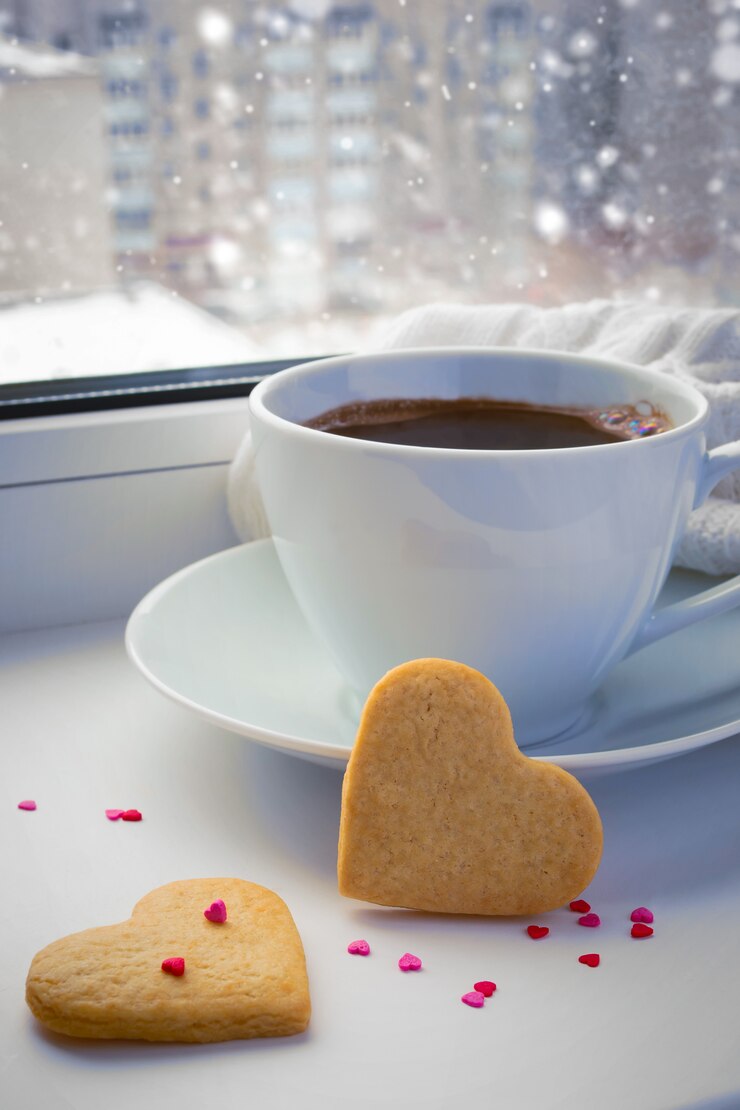 Foto xícara de café em uma janela de inverno.