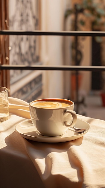 Xícara de café expresso na mesa perto da janela com a luz da manhã Fotografia de comida e bebida