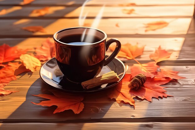 Xícara de café fumegante quente no fundo da mesa de madeira no outono