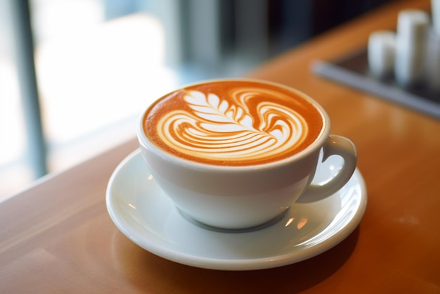 xícara de café latte art na mesa de madeira na cafeteria