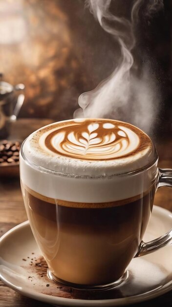 xícara de café latte em mesa de madeira com vapor dia internacional do café