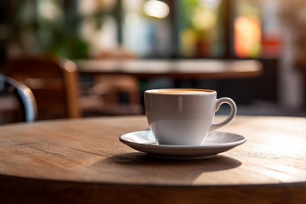 xícara de café na mesa café moderno fundo desfocado