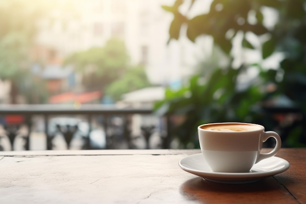 xícara de café na mesa café moderno fundo desfocado