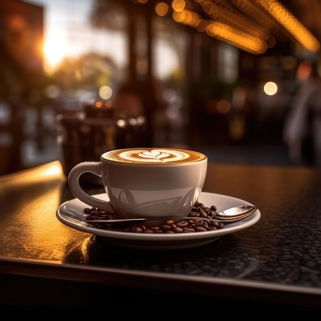 Xícara de café na mesa com fundo de restaurante e luzes agradáveis