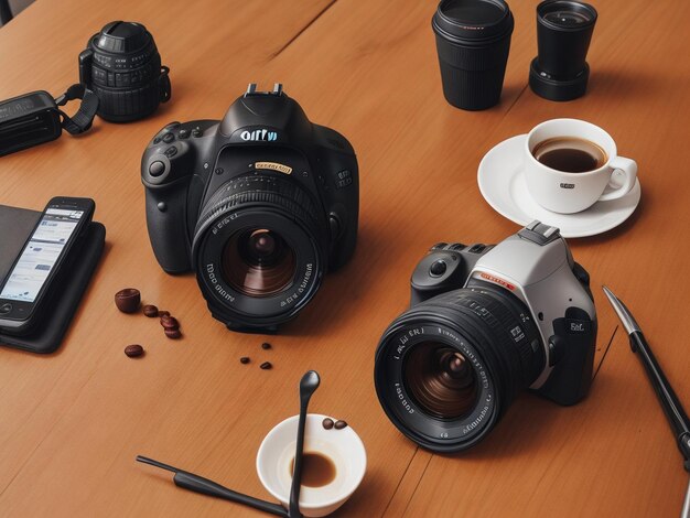 Foto xícara de café na mesa de madeira com câmera dslr ao fundo e luz solar