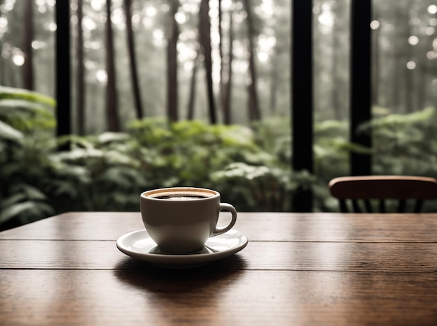 Xícara de café na mesa de madeira na cafeteria com natureza florestal turva