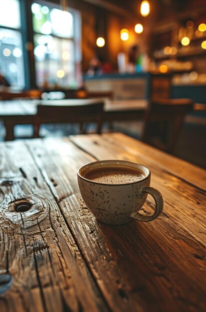 xícara de café na mesa de madeira no escritório