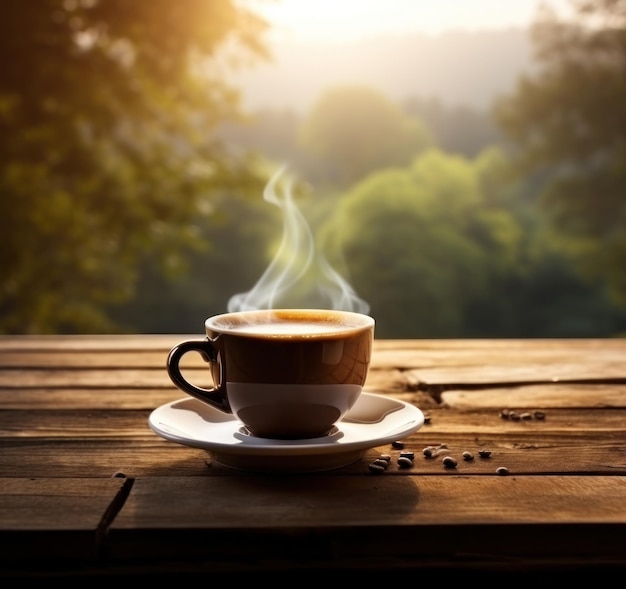 Xícara de café na mesa de madeira