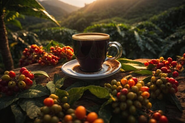 xícara de café na mesa em plantação de café de fundo, gerado por AI.