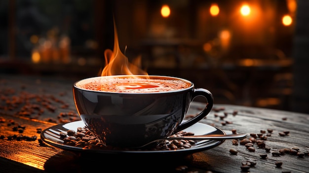 Foto xícara de café na mesa fechada em fundo escuro