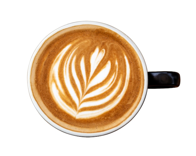 Xícara de café preto com leite com leite em forma de tulipa de espuma isolada no fundo branco. Vista do topo.