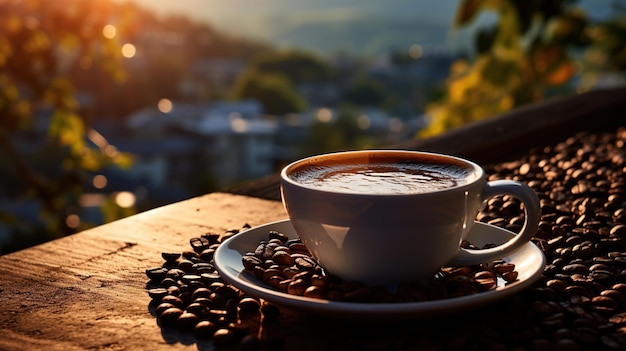 Xícara de café quente com fumaça e feijão torrado