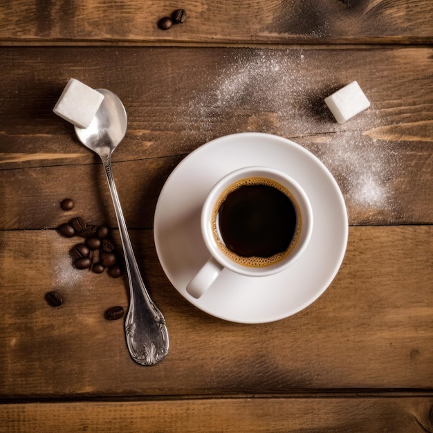 Xícara de café quente em um fundo de madeira rústica