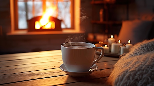 xícara de café quente em uma mesa de madeira com lareira imagem gerada por IA