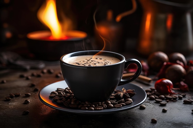 Xícara de café quente na mesa de madeira com grãos de café espalhados e velas de anis estrelado