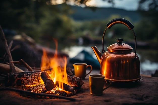 Xícara de café quente no interior da van campista Conceito de acampamento de caravana IA generativa