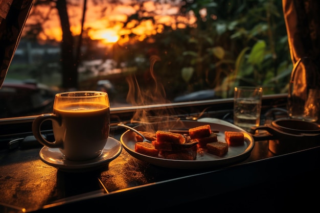 Xícara de café quente no interior da van campista Conceito de acampamento de caravana IA generativa