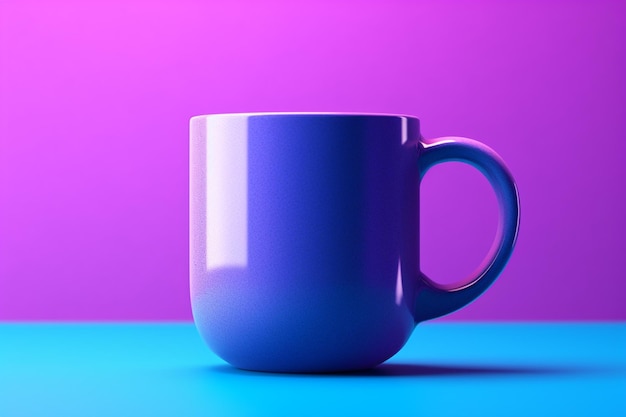 Xícara de café roxa e azul em uma superfície azul e rosa generativa ai