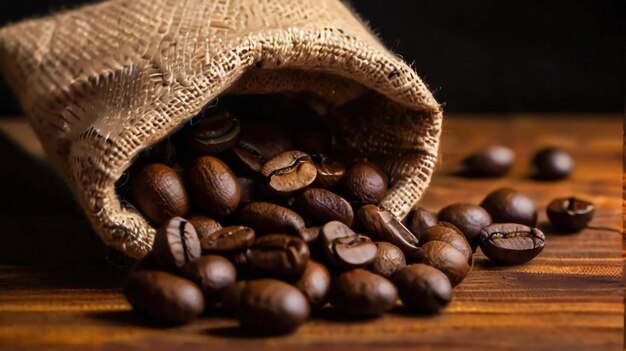 Foto xícara de café saco de grãos de café em uma mesa de madeira em um fundo preto