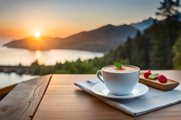 Xícara de café sobre uma mesa com vista para um lago e montanhas ao fundo.