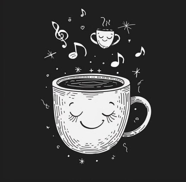 xícara de café sorrindo enquanto ouve música