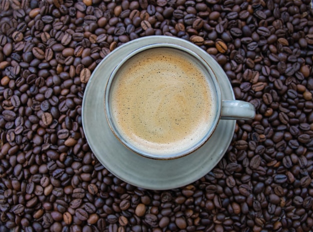 Xícara de café verde e fundo de grãos de café torrados Vista superior