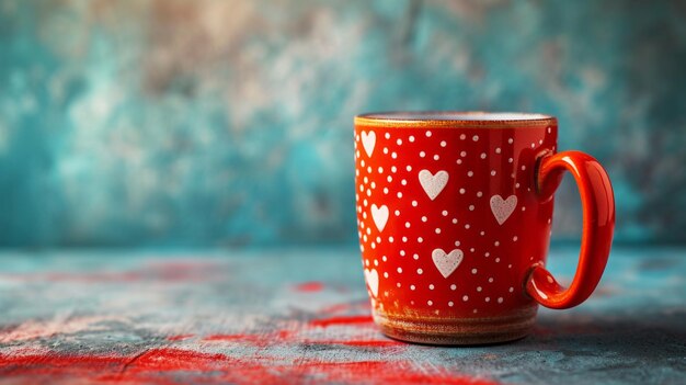 xícara de café vermelha em corações brancos em fundo minimalista com espaço de cópia