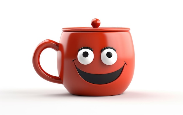 Xícara de café vermelha fofa estilo desenho animado 3D isolado em fundo branco