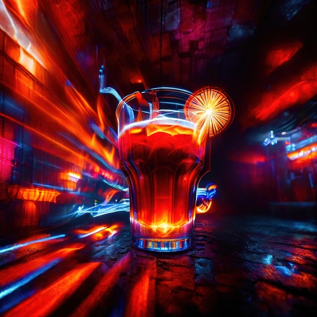 Foto xícara de cerveja bebida alcoólica em bar psicadélico aura brilhante listras de luz