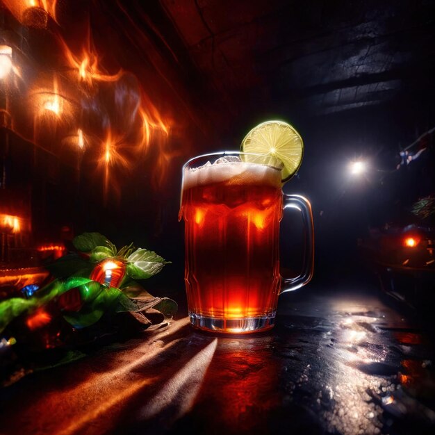 Foto xícara de cerveja bebida alcoólica em bar psicadélico aura brilhante listras de luz