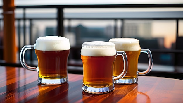 Foto xícara de cerveja de vidro na mesa no telhado do restaurante sky bar