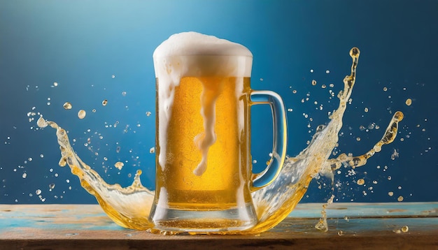 xícara de cerveja dourada com espuma e salpicos levitando bebida alcoólica fundo azul