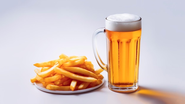 xícara de cerveja e batatas fritas em um fundo branco Closeup