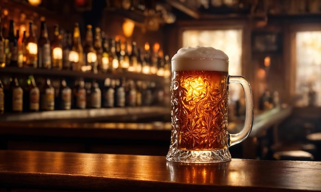 xícara de cerveja em uma mesa de madeira em um pub ou bar ai generativo