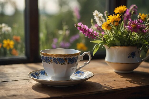 xícara de chá ao lado de um vaso de flores silvestres