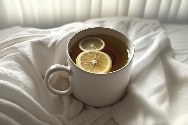 xícara de chá com fatias de limão no leito branco generativo Ai